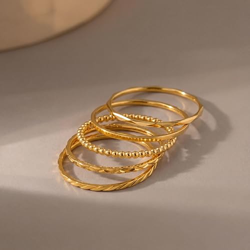 CONRAN KREMIX Sterling Silver Gold Rings for Women Non Tarnish, Waterproof Dainty 14K Gold Plated Stackable Thin Thumb Ring Set Trendy Wedding Bands Engagement Rings for Women