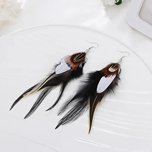 Bohemian Pheasant Peacock Long Feathers Statement Earrings Handmade Natural Lightweight Feather Dangle Earrings for Women (ea000071) - color: Black&White