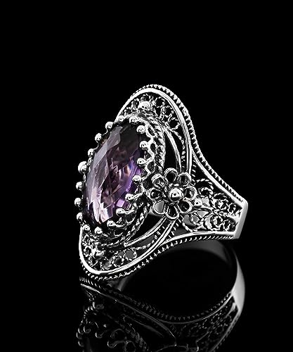Filigranist 925 Sterling Silver Handcrafted Filigree Art Flower Pattern Woman Oval Statement Ring, Gift Boxed - color: Amethyst