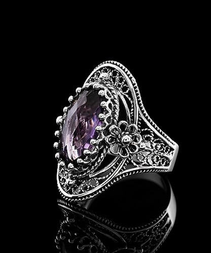 Filigranist 925 Sterling Silver Handcrafted Filigree Art Flower Pattern Woman Oval Statement Ring, Gift Boxed - color: Amethyst