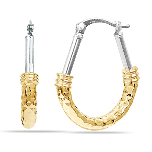 LeCalla 925 Sterling Silver Hoop Earrings for Women | Italian Design Classic Diamond-Cut Textured Hoops Earring | Women's Oval Drop Shape Silver Earring Jewelry - color: Medium Two-Tone Diamond-Cut