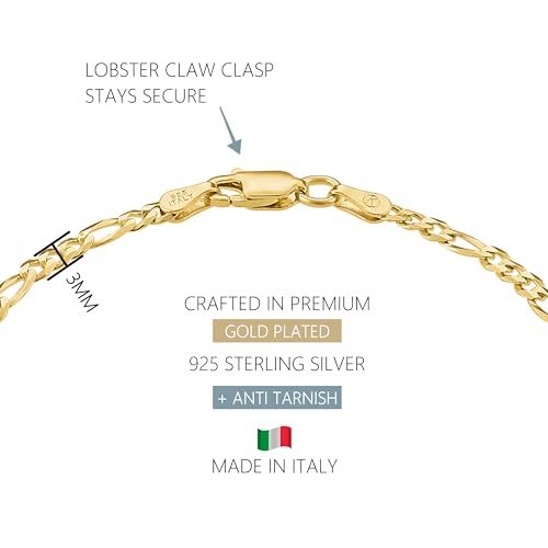 KISPER Gold Chain Bracelets for Women Plated 925 Sterling Silver | 18K plating, Made in Italy, anti-tarnish, hypoallergenic, 6.5-9 inches, curb rope figaro mariner links - size: 9 inches (large)