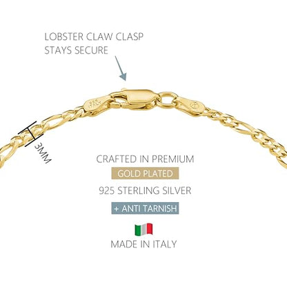 KISPER Gold Chain Bracelets for Women Plated 925 Sterling Silver | 18K plating, Made in Italy, anti-tarnish, hypoallergenic, 6.5-9 inches, curb rope figaro mariner links - size: 9 inches (large)