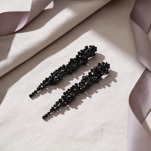 EVER FAITH Rhinestone Crystal Art Deco Statement Clip-on Earring, Wedding Prom Long Chandelier Dangle Earrings for Women - color: Black Black-Tone