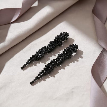 EVER FAITH Rhinestone Crystal Art Deco Statement Clip-on Earring, Wedding Prom Long Chandelier Dangle Earrings for Women - color: Black Black-Tone