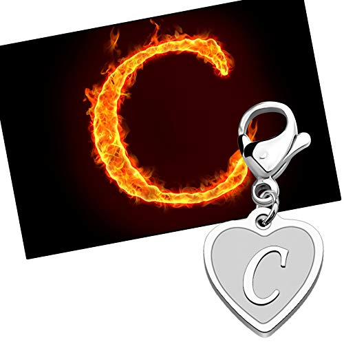 FAADBUK Initial Letter A-Z Alphabet Heart Charms for Jewelry Bracelet Keychain Necklace Initial Stainless steel Clasp Clip on Charm - color: intial C