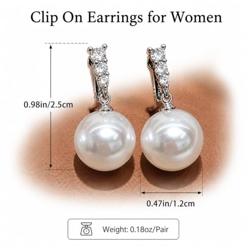 Pearl Clip on Earrings for Women - 14K Gold Silver Plated Cubic Zirconia Non Pierced Ear Clips Jewelry Gifts for Wedding Bridal Party Gifts - color: Silver -1 line CZ