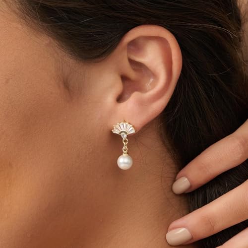 Pearl Earrings - 14K Gold/White Gold/Rose Gold Plated Cubic Zirconia CZ Diaomond Accented Pearl Drop Dangle Earrings for Women Wedding Bridal Prom - color: Fan drop