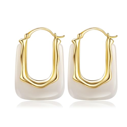 Resin Gold Hoop Earrings Chunky Statement Acrylic Huggie Dangle Fun Jewelry | Colorful Summer Hypoallergenic Drop U Hoops Boho Cute Western Vintage Unique Funky Beach Vacation Outfits for Women Trendy - color: White, size: Huggie