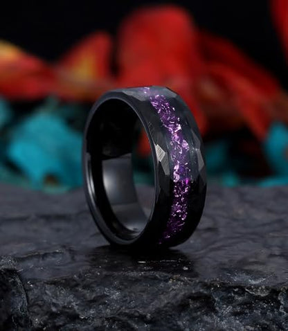 8mm Black Tungsten Mens Wedding Band with Moss Agate/Emerald/Citrine | Amethyst/Aquamarine, Gothic, Birthstone, Hammered, Engagement Promise Ring, Anniversary Valentine Day Birthday Gift for Him - style: Amethyst