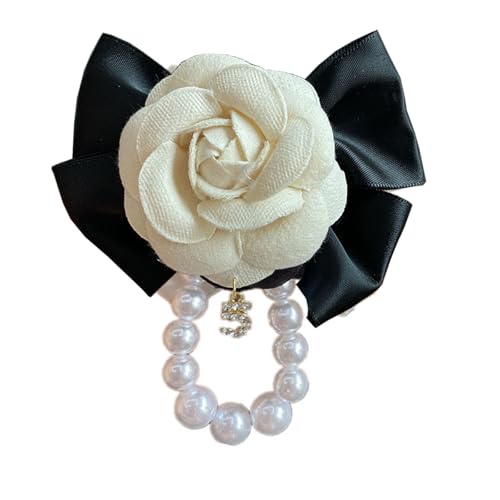Vintage Camellia Pearls Brooch for Women, Ribbon Bows Tie Pin Elegant Preppy Uniform Pre Tied Bowknot Corsage Shirt Jabot Collar Necktie - color: White Style A