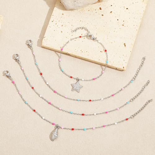 6 PCS Enamel Beaded Chains Bracelet Stainless Steel Link Bracelets | 6.7"+1.18", With Extender Chain, Fashion Jewelry Set, Gift For Women, Colorful, No Fade - color: Mixcolor Silver
