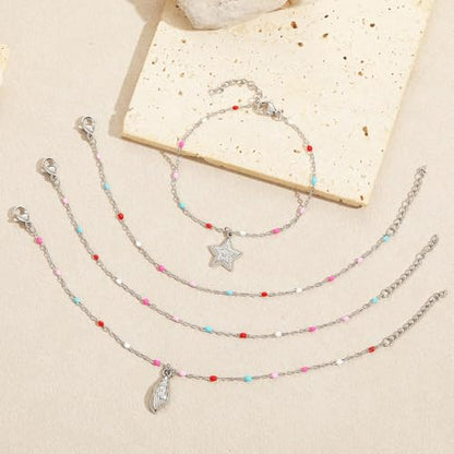 6 PCS Enamel Beaded Chains Bracelet Stainless Steel Link Bracelets | 6.7"+1.18", With Extender Chain, Fashion Jewelry Set, Gift For Women, Colorful, No Fade - color: Mixcolor Silver