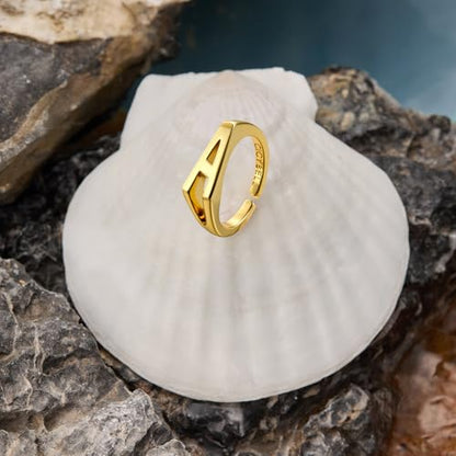 Cicy Bell Initial Rings for Women 18k Gold Plated Adjustable Rings | Open Signet Rings, Bold Letter, Personalized Engraved, For Party - color: Initial-A