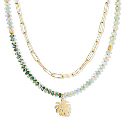 KissYan Beaded Necklaces for Women, Layered Pendant Choker for Summer | Stackable Colorful Natural Gemstone Handmade Beach Charm Chain Valentine's Jewelry Gifts For Girlfriend Wife Lover - style: Leaf
