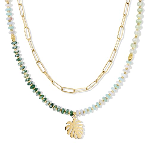 KissYan Beaded Necklaces for Women, Layered Pendant Choker for Summer | Stackable Colorful Natural Gemstone Handmade Beach Charm Chain Valentine's Jewelry Gifts For Girlfriend Wife Lover - style: Leaf