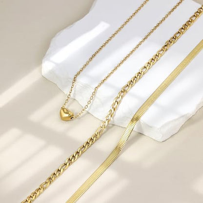 Layered Necklaces for Women,14k Gold Plated Dainty Necklace Stack Set Non Tarnish Adjustable Silver Stainless Steel CZ Heart Circle Pendant Paperclip Choker Herringbone Snake Chain Jewelry - style: Heart Layered Necklace