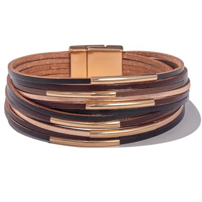 Gold Tube Leather Wrap Bracelets Boho Chunky Stackable Layered Western Cuff | Stacked Bohemian Cool Magnetic Clasp Bangles Statement Cowgirl Hippie Country Festival Accessories for Women Trendy - color: Brown