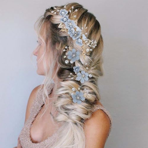 4 Pieces Bridal Flower Wedding Hair Comb Rhinestones Crystal Floral Hair Pins Hair Clips Wedding Hair Accessories Hair Jewelry for Brides Bridesmaids Women Girls(Blue) - color: Blue