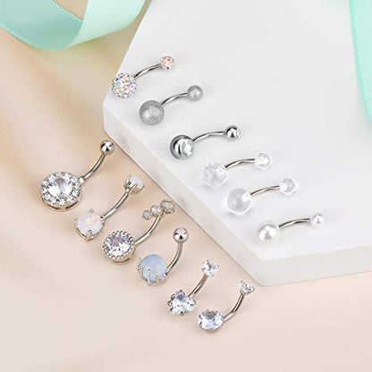 3-12 Pcs 14G Belly Button Rings Belly Rings for Women CZ Opal Navel Rings Belly Piercings Jewelry Belly Barbells Stainless Steel Body Belly Button Piercing Jewelry - color: Silver 12pcs