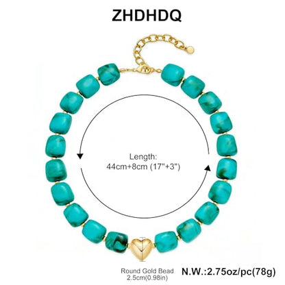 Multicolor Beaded Necklace,Chunky Cube Beaded Statement Necklace, Boho Resin Choker Necklace for Women,Lightweight & Cool, Suitable for Beach, Vacation, Daily Wear & Summer Parties - color: Turquoise-Heart
