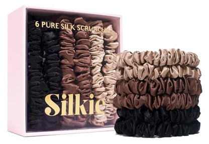 SILKIE x6 Set 100% Pure Mulberry Silk Black Brown Chocolate Pink Nude Neutral Skinny Scrunchies Travel Pouch Everyday Hair Ties Elastics Hair Care Ponytail Holder No Damage (Truffle) - color: Truffle