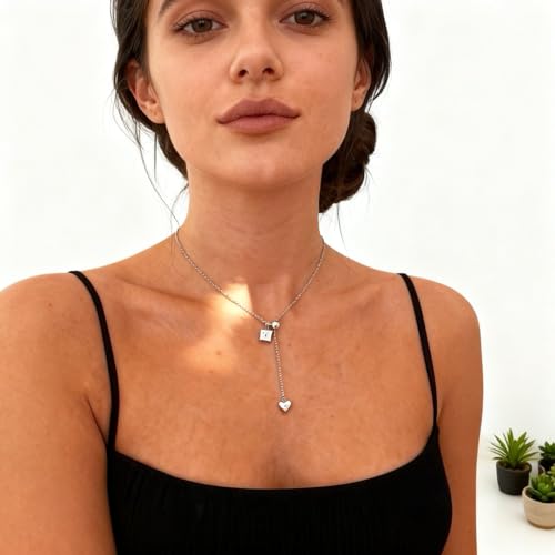 Lariat Necklaces for Women, Dainty Minimalist Knotted Rope Design Pendant Long Y Necklaces 18k Gold Plated Trendy Chain Jewelry - color: Silvery, style: Square CZ and Heart