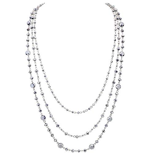 Firstmeet Long Chain Multi Layer Fashion Glass Beads Handmade Necklace for Women - color: Silver Grey-bk