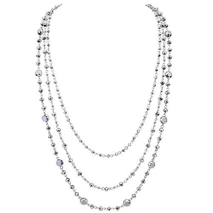 Firstmeet Long Chain Multi Layer Fashion Glass Beads Handmade Necklace for Women - color: Silver Grey-bk