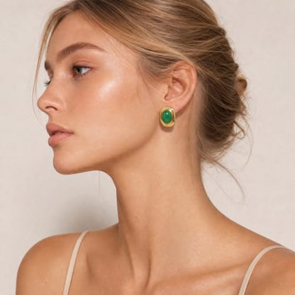 Chunky Gold Stud Earrings for Women 18K Gold Plated Hypoallergenic Chunky Statement Earrings Big Natural Crystal Stone Earring Gift for Women - color: Jade