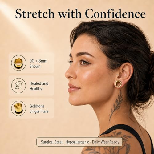 BodyJ4You 36PC Ear Stretching Kit - Complete Beginner Set 14G-00G | Gauges for Ears Stainless Steel Tapers Single Flare Plugs Tunnels - Dead Stretching Lobe Men Women Expander - color: Goldtone, Single Flare