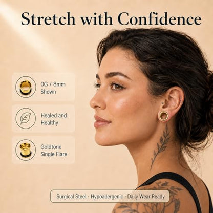 BodyJ4You 36PC Ear Stretching Kit - Complete Beginner Set 14G-00G | Gauges for Ears Stainless Steel Tapers Single Flare Plugs Tunnels - Dead Stretching Lobe Men Women Expander - color: Goldtone, Single Flare