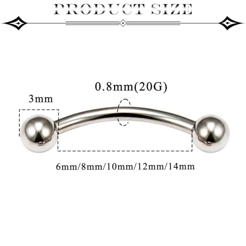 20G Eyebrow Piercing Jewelry Surgical Steel Vertical Labret Lip Jewelry Curved Barbell Tiny Eyebrow Rings Ear Rook Navel Small Belly Button Ring for Women Men 6mm/8mm/10mm/12mm/14mm - color: silvertone,ball+spike
