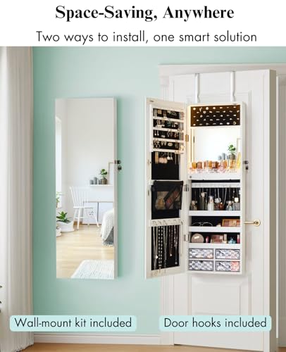 LUXFURNI Wall & Door‑Mounted Storage Jewelry Armoire Cabinet with Mirror | Built‑in LED Mirror, Acrylic Lipstick Tray, 4 Clear Drawers, Large Velvet‑Lined Storage, Wall & Door‑Mounted, Lockable - style: Full Frame White