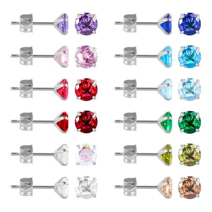 12 Pairs Surgical Stainless Steel Stud Earring Round Heart Star Square Cubic Zirconia Birthstone Stud Earrings Set for Women - color: Silver round 4mm-A