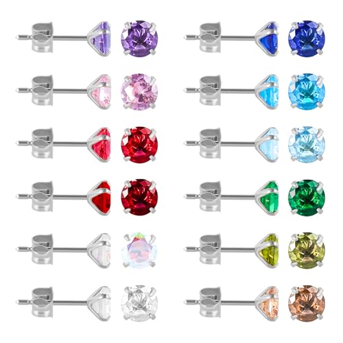 12 Pairs Surgical Stainless Steel Stud Earring Round Heart Star Square Cubic Zirconia Birthstone Stud Earrings Set for Women - color: Silver round 5mm-A