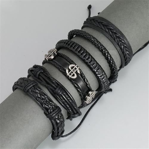 Leather Cuff Bracelet for Men Women, Multilayer Braided Wristband, Adjustable 6.5-9.5 Inches Wrap Bracelets Punk Gothic Grunge - color: Dollar set - 6Pcs