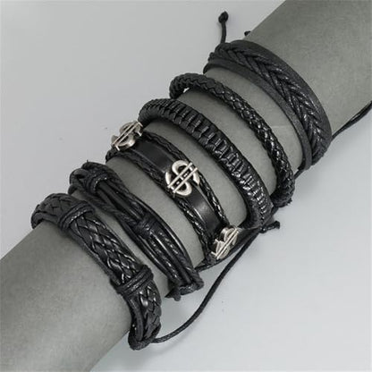 Leather Cuff Bracelet for Men Women, Multilayer Braided Wristband, Adjustable 6.5-9.5 Inches Wrap Bracelets Punk Gothic Grunge - color: Dollar set - 6Pcs