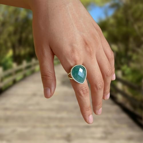 Crystal Ring for Women, Natural Rose Quartz Green Fluorite Ring for Her, Teardrop Shape Gemstone Ring, Handmade rose quartz Jewelry Adjustable Ring. - color: Green Strawberry Quartz