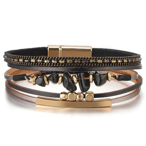 Fesciory Leather Wrap Bracelets for Women, Boho Western Layered Jewelry | Layered leather cuff bracelets, Easy on and off, Boho western style, Daily wear, Gift for women - color: Black 7