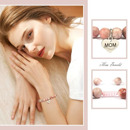 Mothers Day Gifts for Women, Natural Stone Beaded Bracelet Jewelry Birthday Gifts for Mom Grandma Aunt Mother in Law Nana Boyfriend Mom - color: Pink Zebra
