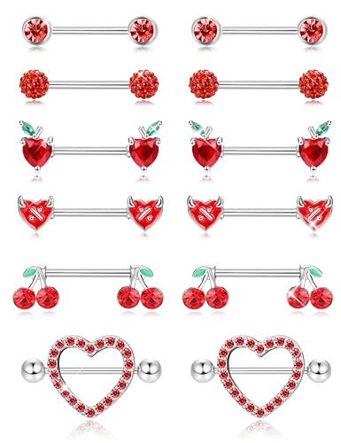 JOERICA 6 Pairs 14G Nipple Rings for Women 316L Stainless Steel Heart Butterfly Moon CZ Flower Barbell Nipple Rings Set Cute Nipplerings Piercing Jewelry - color: Red Tone