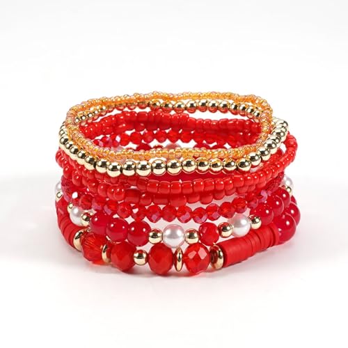 Bohemia Multilayer Stackable Beaded Bracelets Earrings Set Colorful Sparkly Crystal Beaded Stretch Bracelets Teardrop Earrings for Women Men Summer Beach Boho Vacation Jewelry - color: Red