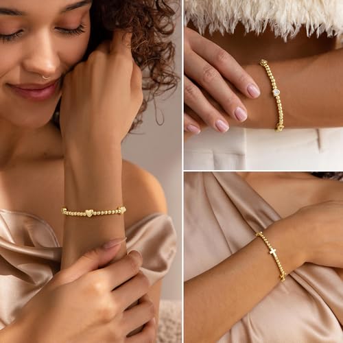 M MOOHAM Gold Beaded Charm Bracelets for Women Girls Non Tarnish | 14K Gold Plated, Dainty CZ Heart Smile Face Cross Charm Stretch Bead Bracelet for Women Teenage Teen Girls - color: Smile CZ