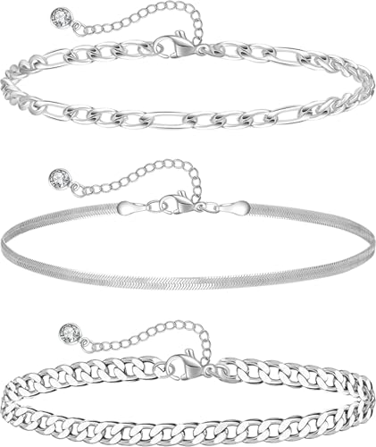 Plus Size Ankle Bracelets for Women - Extra Large 10"+2" Adjustable Anklet 14K Real Gold Plated Anklet Cuban Link, Figaro, Rope, Snake Herringbone - Summer Beach Waterproof Foot Jewelry - color: Curb,Figaro,Snake Silver