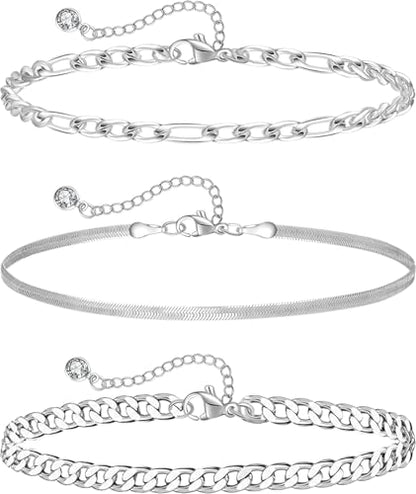 Plus Size Ankle Bracelets for Women - Extra Large 10"+2" Adjustable Anklet 14K Real Gold Plated Anklet Cuban Link, Figaro, Rope, Snake Herringbone - Summer Beach Waterproof Foot Jewelry - color: Curb,Figaro,Snake Silver