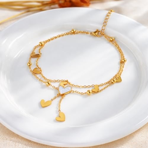 Gold Heart Anklet for Women, Layered Double Chain Ankle Bracelet, Dainty Heart Charm Anklet, Minimalist Beach Vacation Foot Jewelry