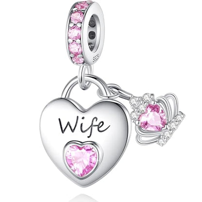 Family Charms for Charms Bracelet: 925 Sterling Silver Heart Dangle Charms for Bracelets and Necklaces, Birthday Mother's Day Christmas Jewelry Gifts For Women. - color: Wife