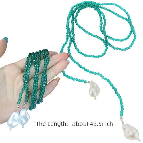 Crystal Beaded Lariat Necklace with Baroque Pearl Drops, Adjustable Y-Shaped Wrap Choker, Elegant Layered Chain Jewelry for Women Daily & Formal Wear - color: green