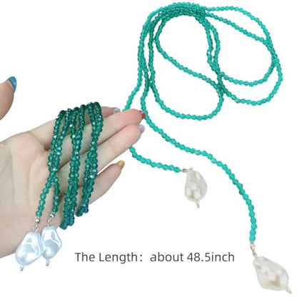 Crystal Beaded Lariat Necklace with Baroque Pearl Drops, Adjustable Y-Shaped Wrap Choker, Elegant Layered Chain Jewelry for Women Daily & Formal Wear - color: green